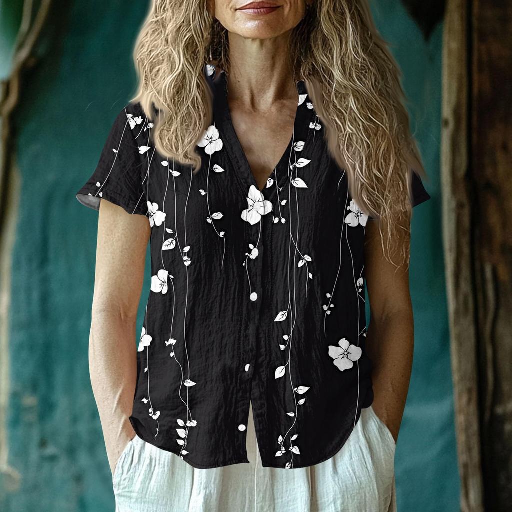 Women's Casual V-neck Short Sleeved Top, Printing T-shirt Shirt