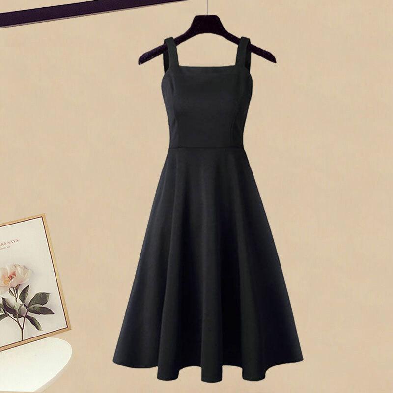 Spring  Autumn Set Women's Korean Fashion Cross Knitted Sweater Age Reducing Sling Dress Two Piece Set