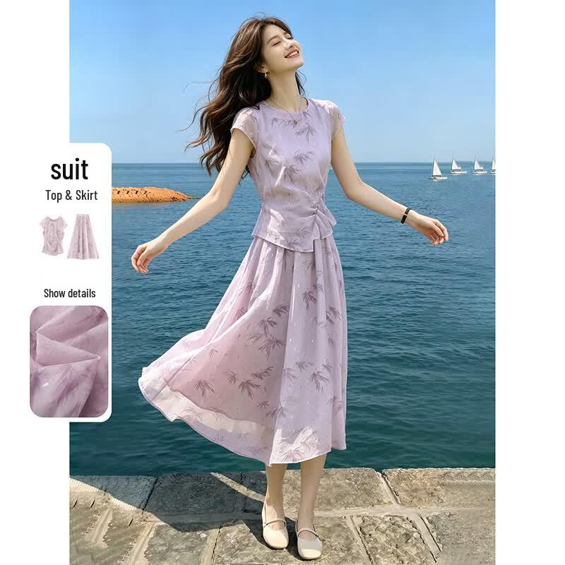 Summer Short-Sleeve Shirt & A-line Skirt Set S