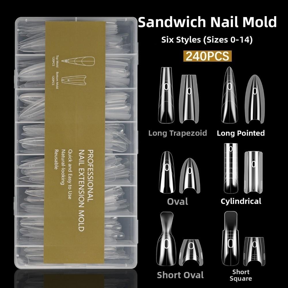 240pcs New Mixed Size False Nail Square Top Short Oval Sandwich Nail Forms Bottom Mold Transparent Nail Mold Extension Work