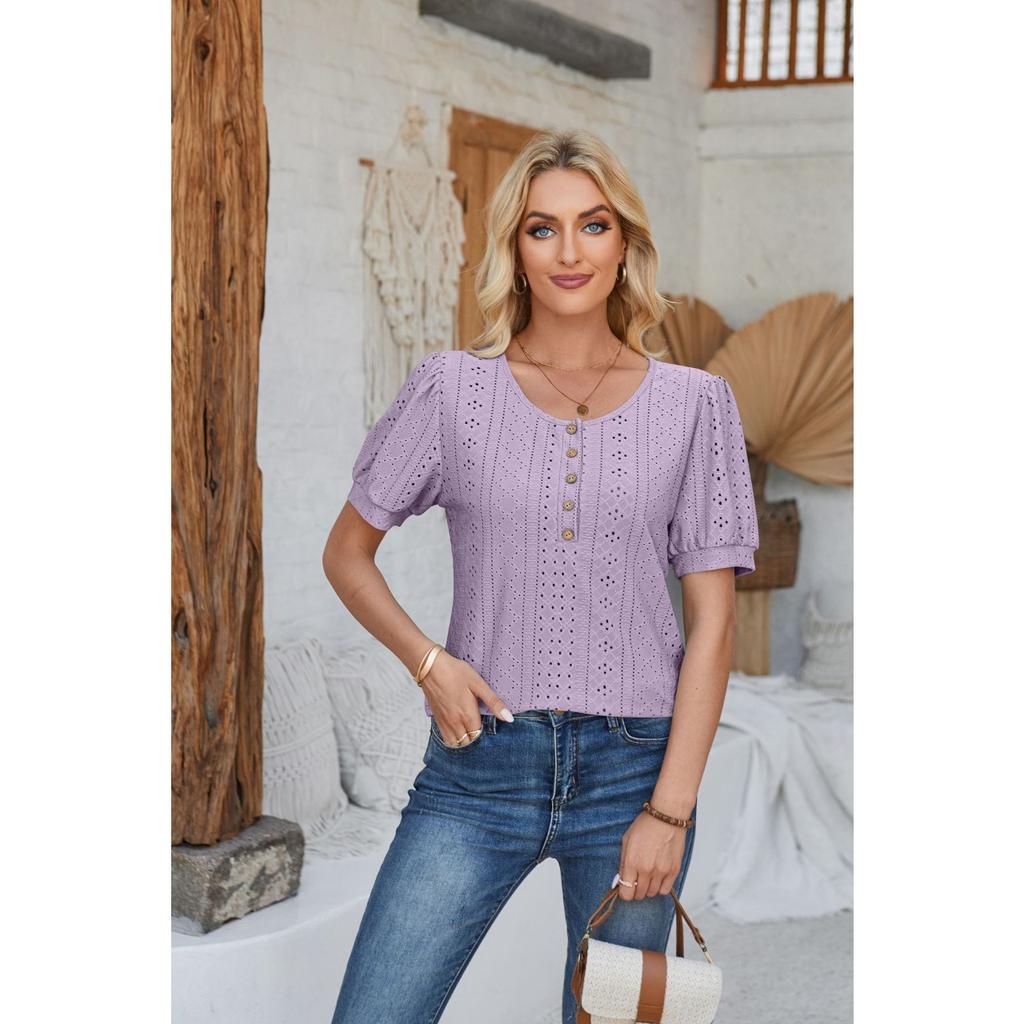 GMXIA Women's Spring Summer Buttoned Round Neck Puffy Sleeve Loose Solid Color T-shirt