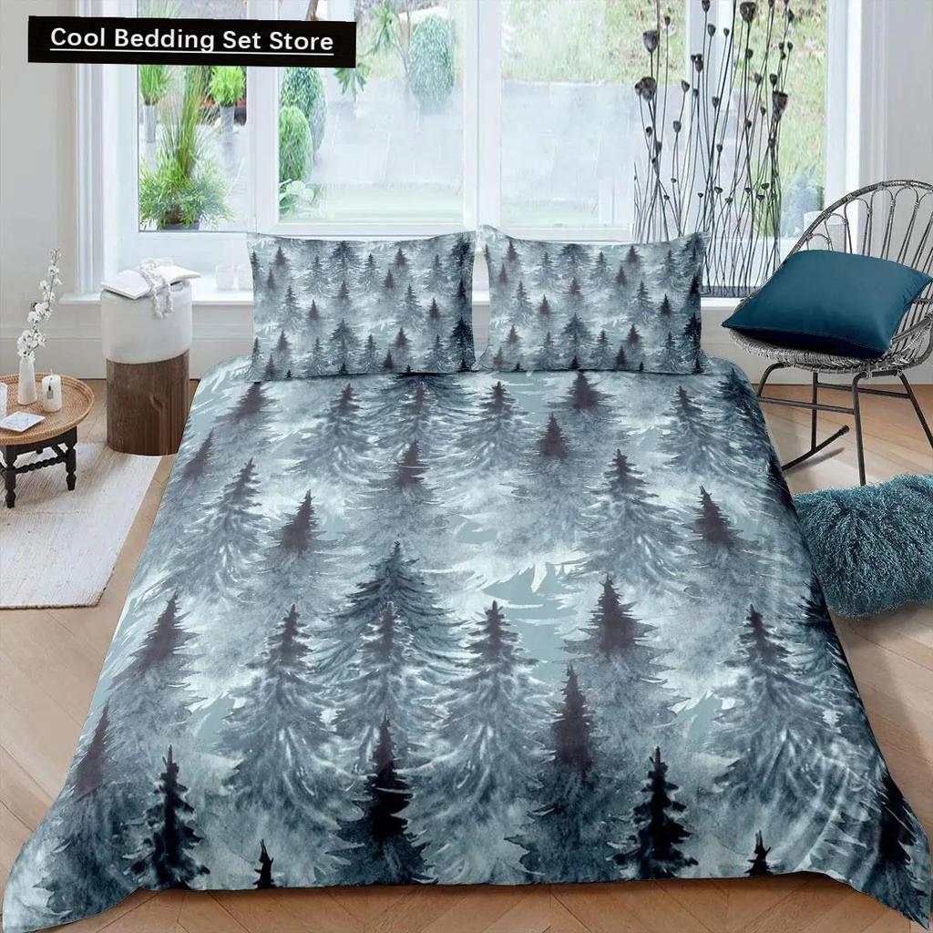 Dumanlı Dağ Nevresim Takımı Çam Ağaçları Yorgan Kılıfı Erkek Çocuk Manzara Yorgan Kılıfı Doğal Manzara Sanat Polyester Yatak Takımı