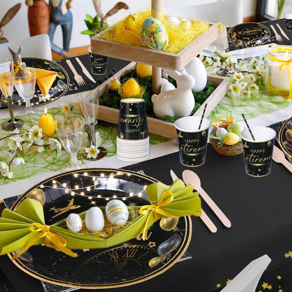 201PCS Retirement Party Decorations Retirement Plates Napkins Set, Black and Gold Retirement Plate,Napkin,Cup,Straw,Tablecloth,Wooden Cutlery,