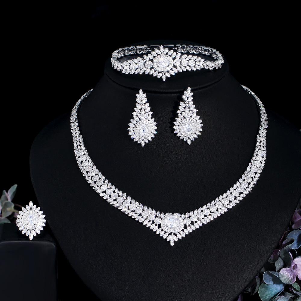 

Light Luxury Zircon Full Diamond Necklace Four-Piece Banquet Wedding Bridal Accessories Set Chain Jewelry