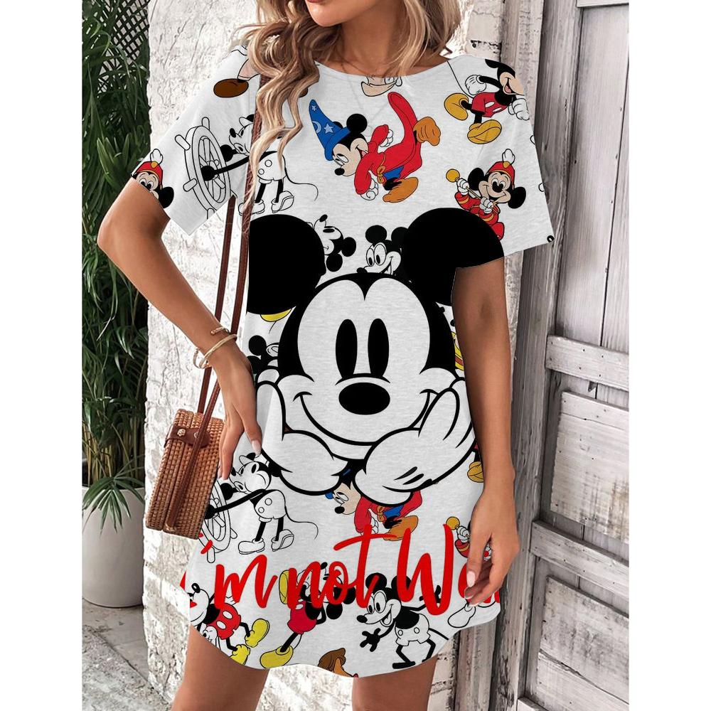 Abito estivo da donna Disney Topolino Primavera Scollo a O Manica Corta Vita Larga Abito con Volant
