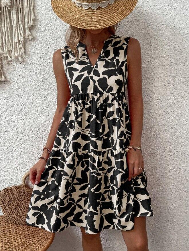 Sleeveless V-neck Bohemian Dresses Fashion A-line Dress Casual Plant Flower Printed Pleated Dress Women Summer Loose Robe 25270