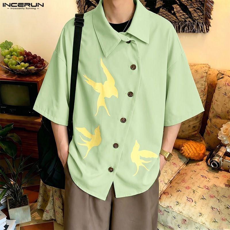 INCERUN Oversized Men Lapel Neck Short Sleeve Side Buttons Up Print Casual Loose Shirts