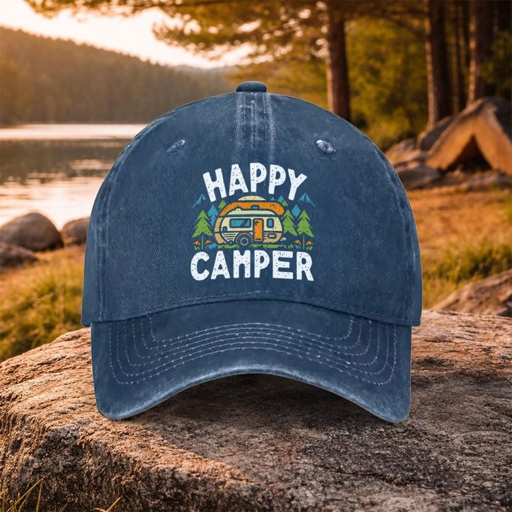 Happy Camper Print Washed Baseball Cap Unisex Cotton Hat for Outdoor Golf Daily Wear