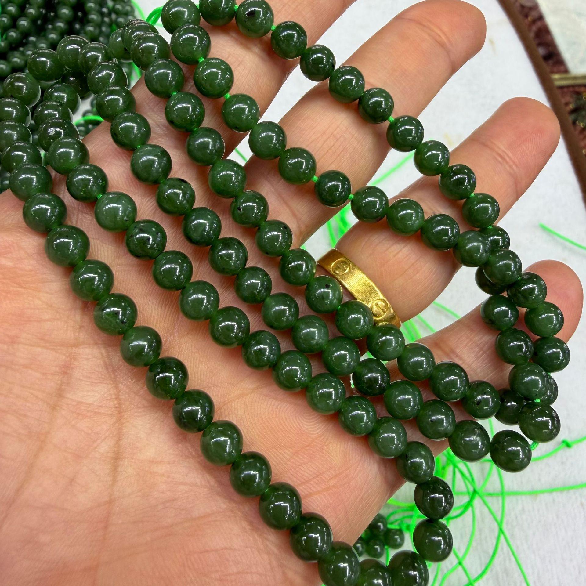 Hetian Jade 6mm Deep Spinach Green Buddhist Beads with Black Spots, 108 Round Beads, Long Chain Necklace