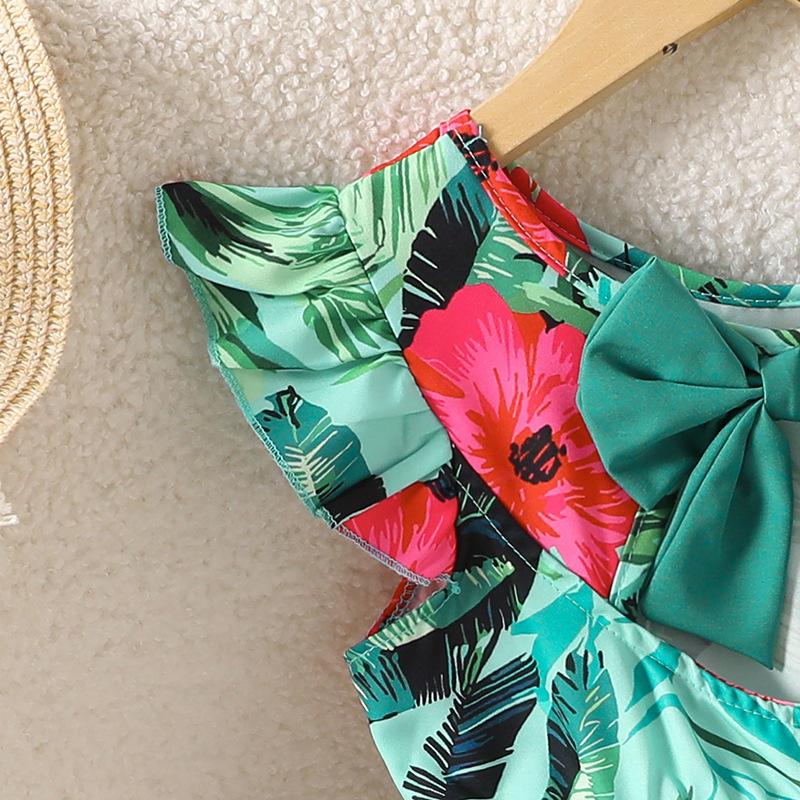 Girls' Dress Children'S Clothing New Spring-Summer Style With Flying Sleeves Cute Bow On The Back Casual Printed Dress