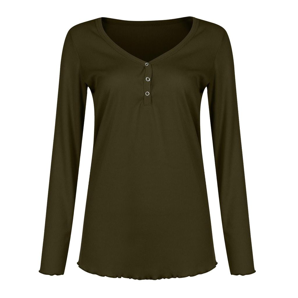 Womens Long Sleeve V Neck Button Casual Tops Ribbed Color Shirts