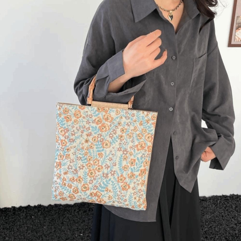 Cloth Material Bamboo Knot Handbag Floral Flower Print Artistic Jacquard Tote Bag Vintage Large Capacity Chinese Style Tote