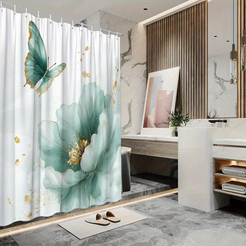 

Peacock Blue Butterfly Shower Curtain – Golden Accents on Soft White Gradient, Polyester with Hooks, Elegant Bath Decor W90xH180cm