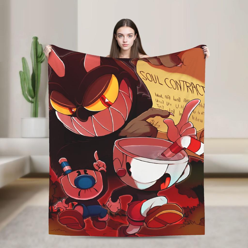 CUPHEAD Devil Blankets Coral Fleece Plush Winter Mugman Breathable Lightweight Thin Throw Blankets for Home Car Plush Thin Quilt