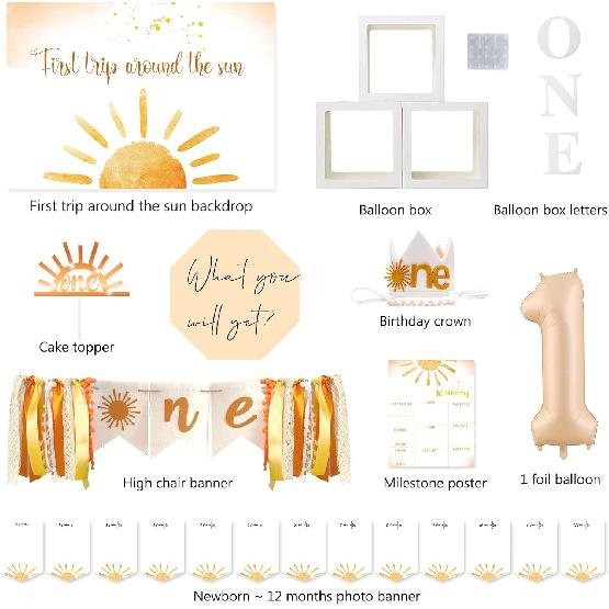 First Trip Around The Sun Birthday Decorations Party Supplies, Boho Sun 1st Birthday Decorations for Girl, First Trip Around The Sun Balloon Box