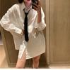 Women's White Tie Shirt - College Style, Non-Iron, Loose Fit, Medium-Length, Versatile Spring/Autumn Top