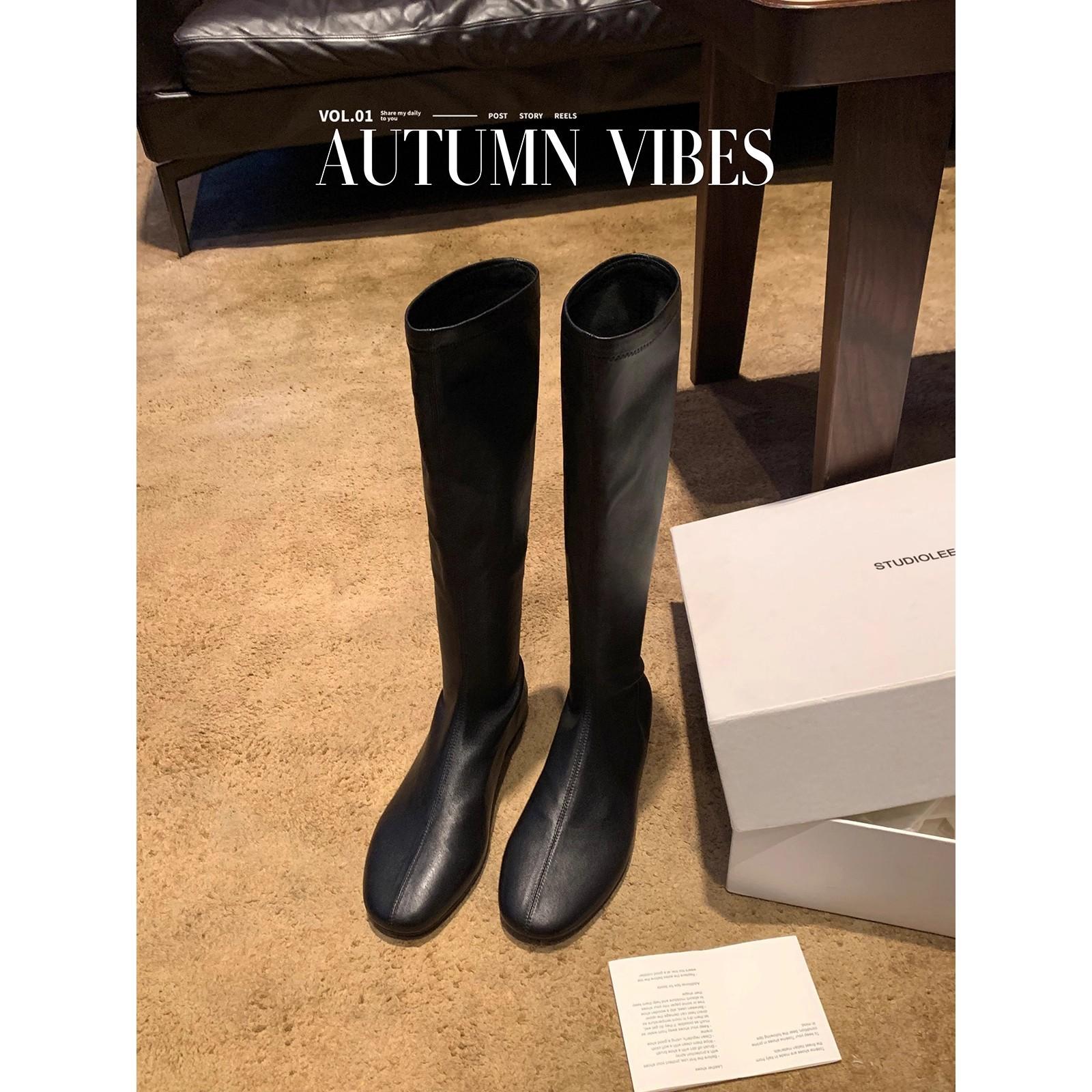 Round head soft inner heightening elastic thin leg boots versatile tall boots 35