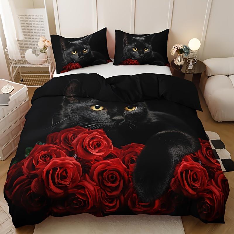 Black Cat Rose Print Bedding Set Includes 1 Duvet Cover And 2 Pillowcases Breathable Polyester Perfect For All Seasons