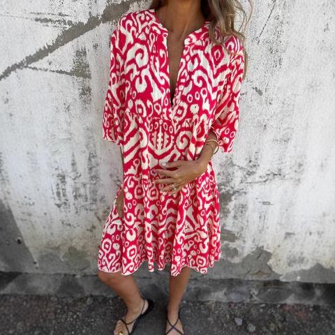 European And American Style Women'S Clothing, Spring And Summer New Four-Sided Elastic Casual V-Neck Printed Pleated Women'S Dress
