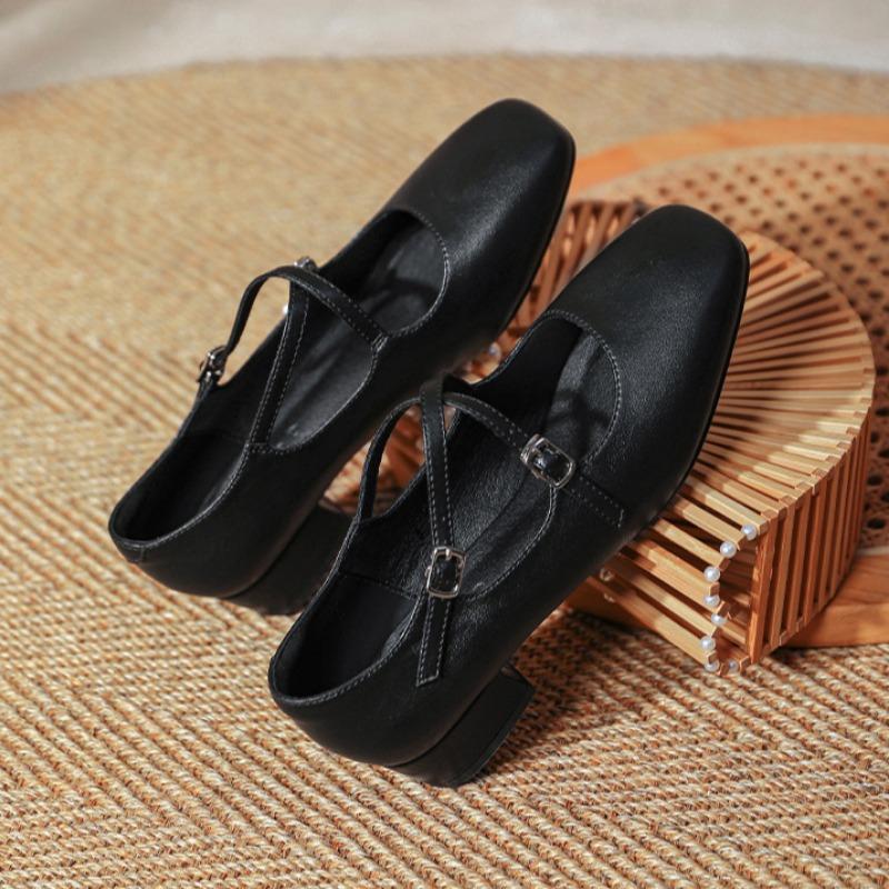 Retro Medium Thick Heel Women's Shoes Lightweight Mary Jane Shoes Cross Strap Square Toe Small Leather Shoes Shallow Mouth Casual Shoes
