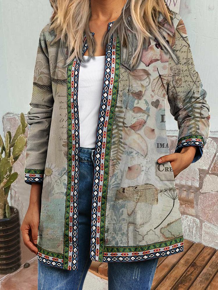 Women's Crew Neck Long Sleeve Cardigan Oversized Vintage Ethnic Print Plus Size Open Front Jacket Casual Outerwear
