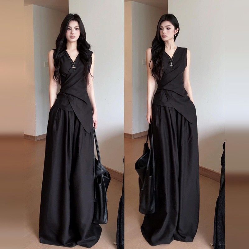 

2025 New Arrival Black Sleeveless V-neck Dress Women s Summer Adult Lady like Woman Wear French Style Top and Trousers Suit Black Suit 1 S