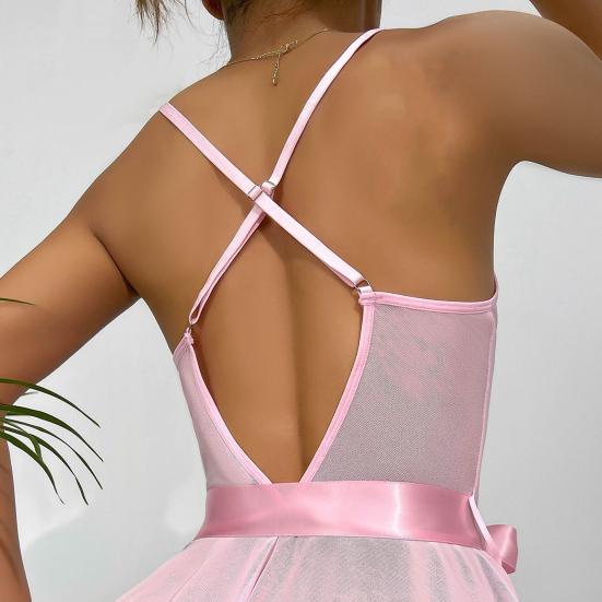 Women Bedroom Bodysuit V Neck See-through Lace Patchwork Bow Ruffle Playsuit Off Shoulder Backless Adjustable Spaghetti Strap Nightdress for