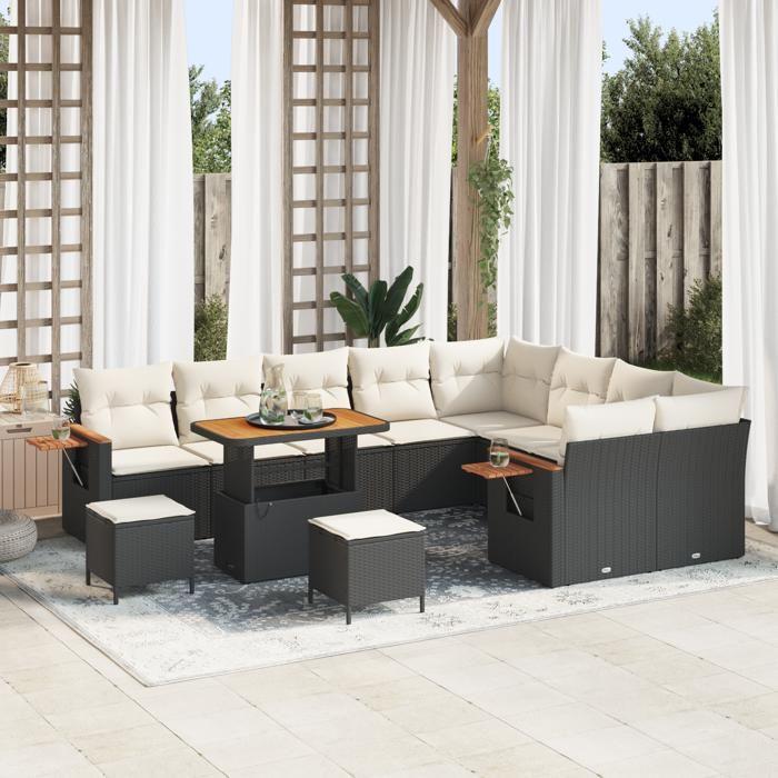 Ensemble de canapé jardin 12 pièces avec coussins noir rotin poly acacia, Ensemble de salle à manger jardin 3 pièces 3363215