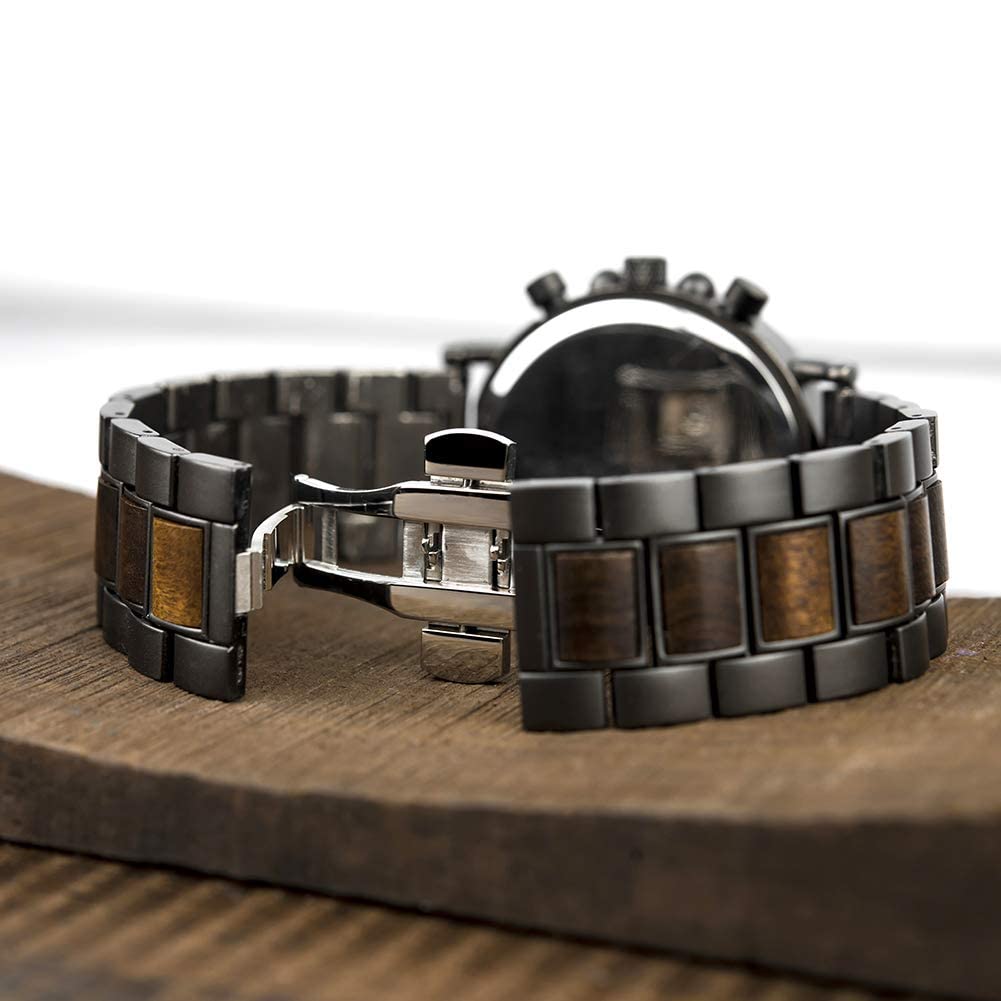 Men's Wooden Watch, Business/Casual Watch, Ebony & Stainless Steel Chronograph