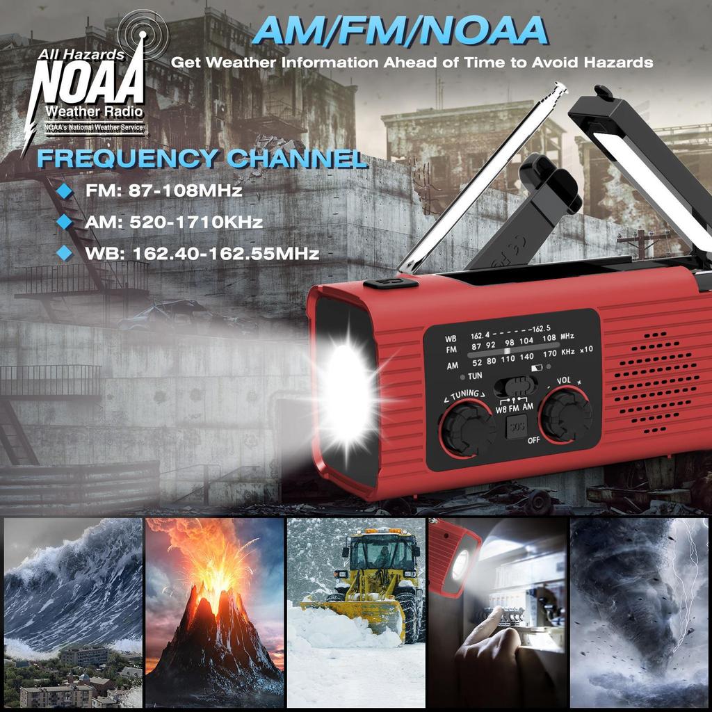 Emergency Radio Hand Crank with Headphone Jack Solar Power Compact Flashlight Weather for