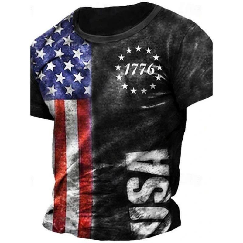 Men's Retro Flag Printed T-shirt 3D Skull Round Neck Short Sleeve Casual Breathable Top Hot