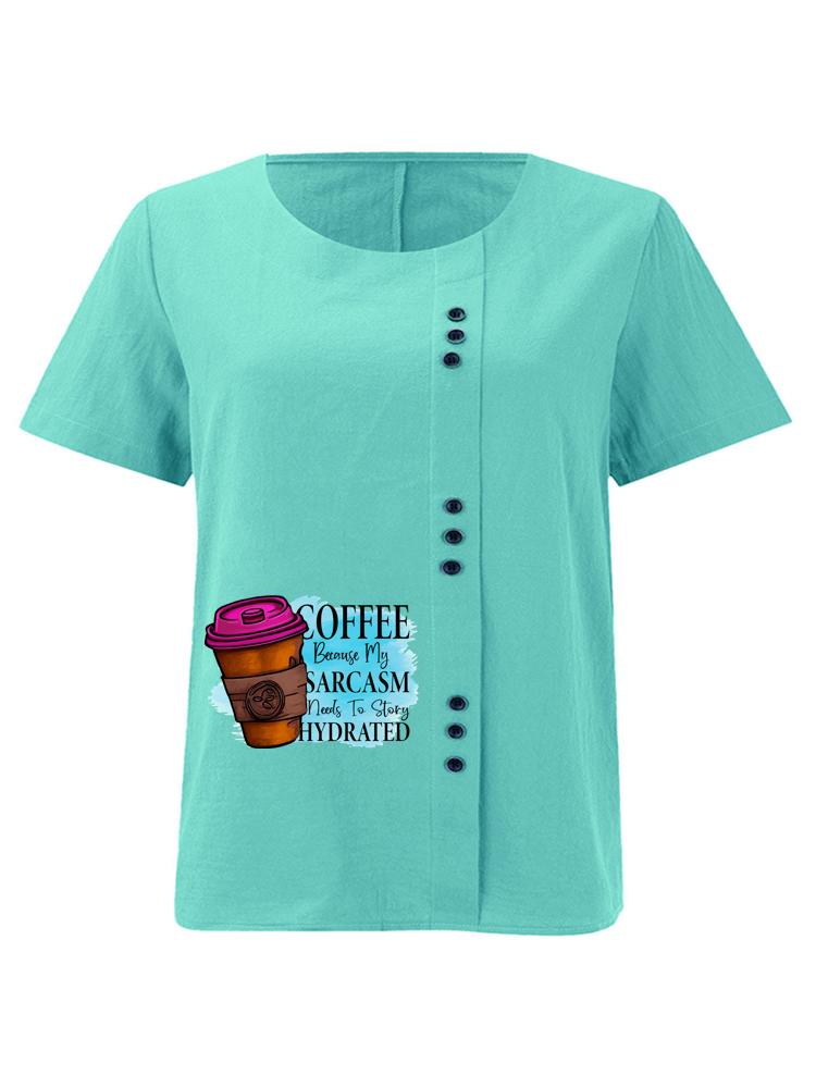 Women's Fashion Coffee Alphabet Print Casual Cotton Linen Short Sleeve Round Neck T-shirt Shirt Leisure Loose Summer Blouse Tops
