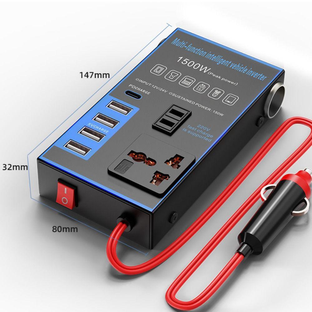 Portable Universal Car Inverter DC 12V/24V To AC 220V High Power Car Converter Socket 4 USB/PD 1500W Power Adapter