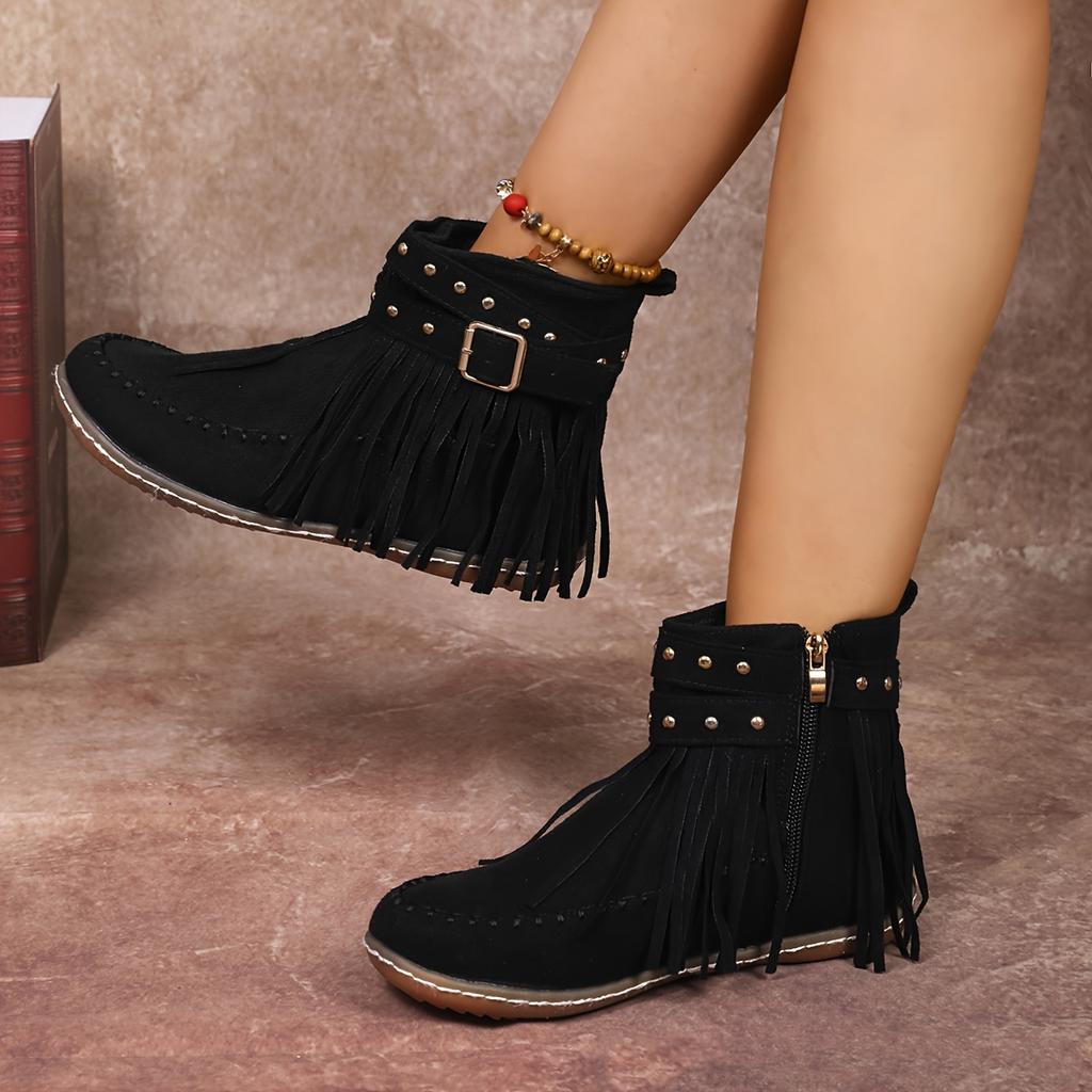 Bottes élégantes pour femmes de couleur unie, bottes d'hiver doublées en peluche avec ceinture à boucle cloutée à pompons, bottes de neige confortables à bout rond automne