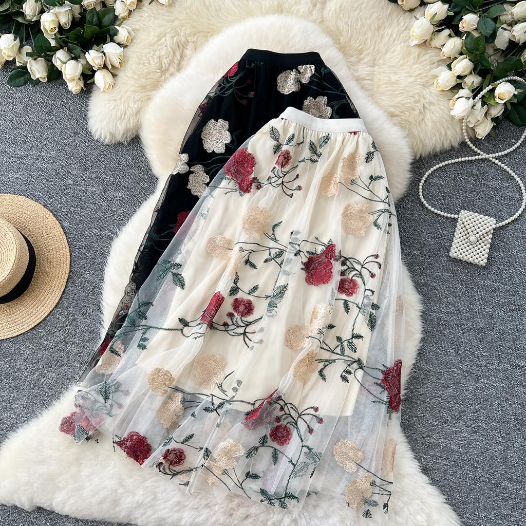 Summer Women Elegant Mesh Embroidery Flower Long Midi Tulle Skirt