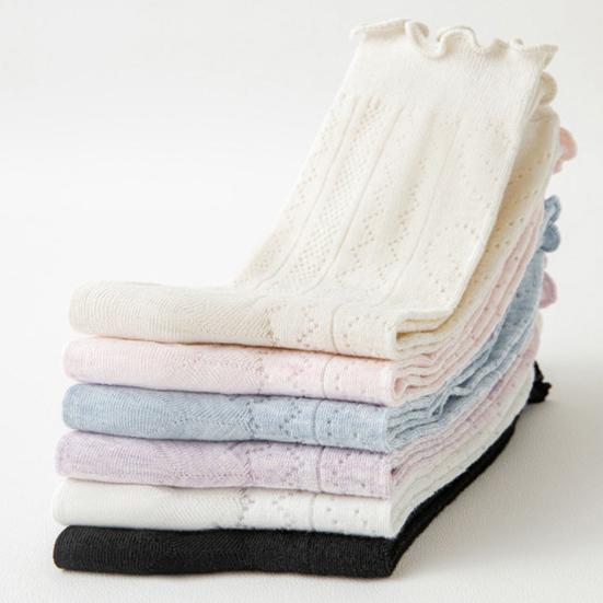 1 Pair Women Summer Socks Mid-tube Thin Shirring Lace Anti-slip Cooling Solid Color High Elasticity Sweat Absorption Adult Home Yoga Socks Piled Socks