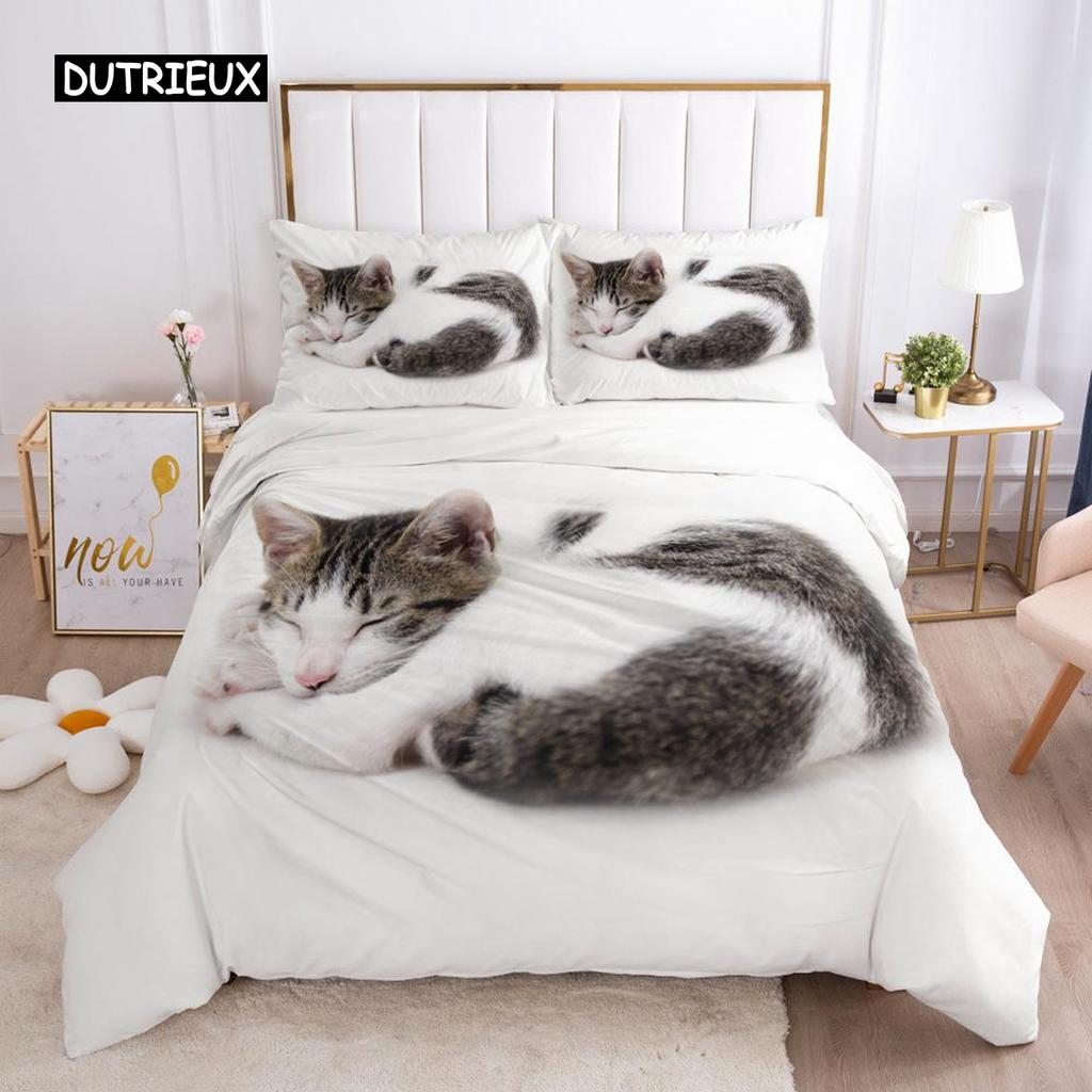 Cat Duvet Cover Set Cat Lover Gifts Bedding Set Microfiber Cute Kitten Pattern Animal Theme Double Queen King Size Quilt Cover