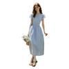 Olrain Blue French Style Waist-Slimming Dress for Women Summer Puff Sleeve Long Dress