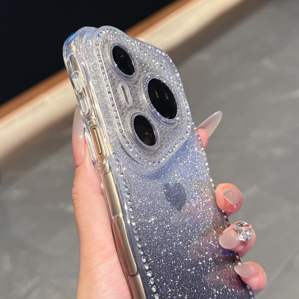 KEYSION Gradient Love Heart Wavy Phone Case for Huawei Pura 70 80 Pro 80 70 Ultra Glitter Jewelled Lens Protector Shockproof Cover