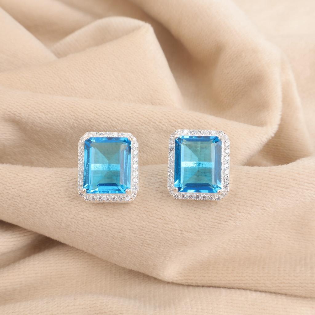 Swiss Blue Topaz Gemstone 925 Sterling Silver Jewelry Zircon Stud Earrings 0.57" CZE-6-8