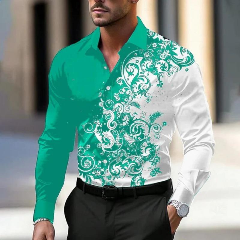 Men S Long Sleeve Button Down Colour Block 3d Printed Casual Shirt