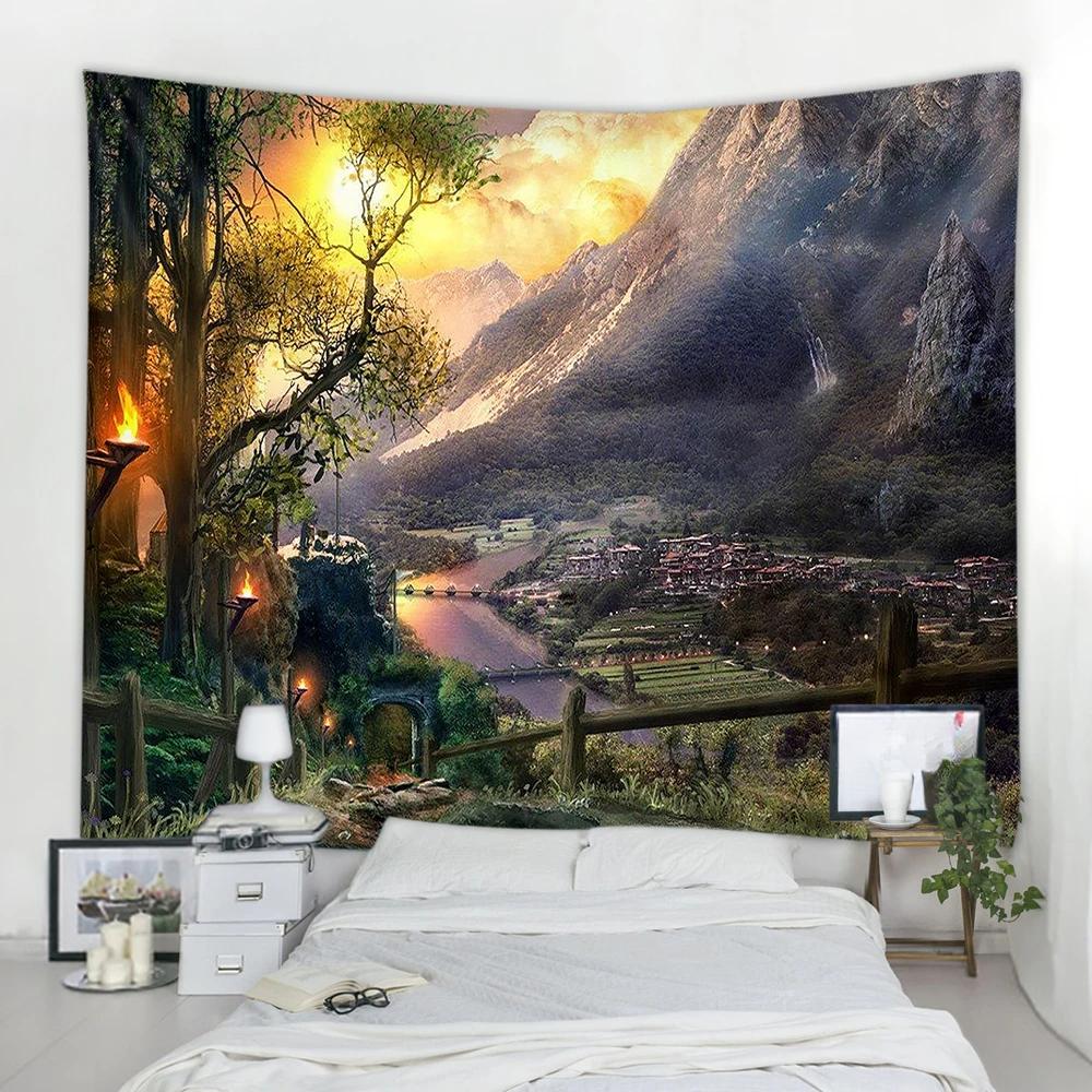 Village Under The Mountain Tapestry Wall Hanging Home Dorm Backdrop Decor Art Tapestry Urban Wall Cloth