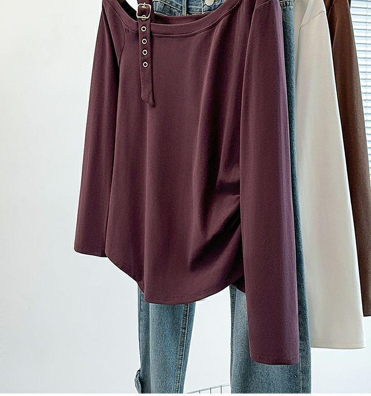 Plus Size Irregular One-Shoulder Long-Sleeve T-Shirt - Women's New Loose Slimming Top for Spring and Autumn