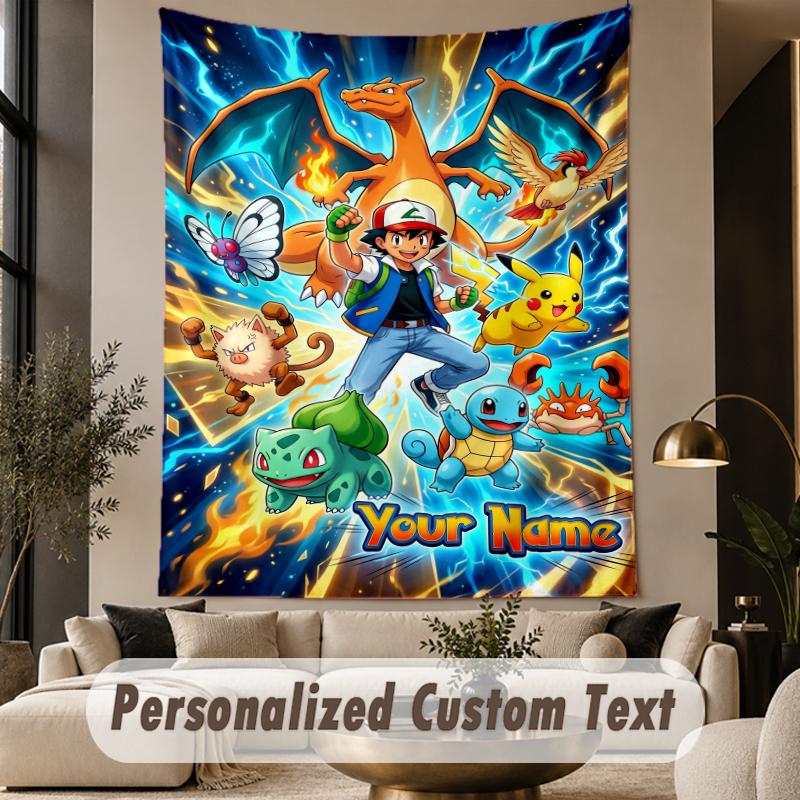 Custom Text Printed Tapestry Pokémon Pattern Large Wall Hanging Indoor Room Decor