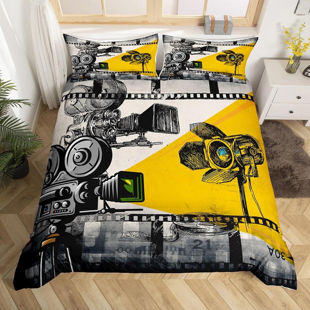Movie Theme Duvet Cover Movie Theater Decor Bedding Set Full King Vintage Cinema Ticket Clapboard Popcorn Print Comforter Cover