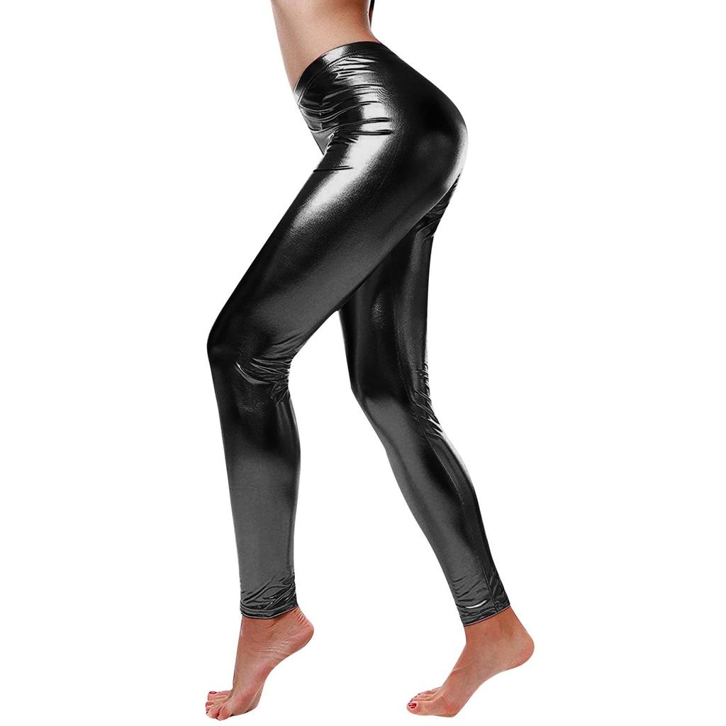 Damen Glänzende Kunstleder Leggings Yoga Hose Tanzhose