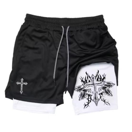 Muay Thai Kick Boxing MMA Shorts Cross Christian God Men Women Unisex Double Layer Quick Dry Breathable Sport Gym Fitness Workout