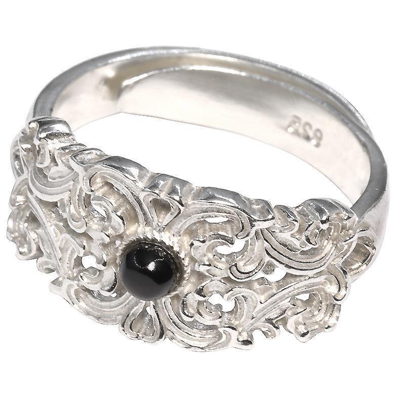 Auspicious Flower Ring Inlaid with Black Agate Silver Open Ring Ethnic Style Exquisite Men and Women