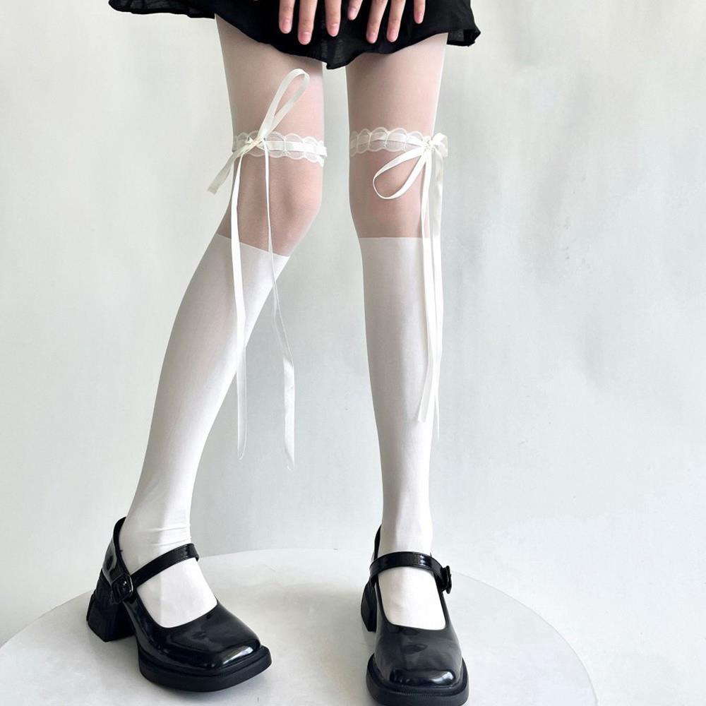 Women's Suspender Stockings with Lace Bows Japanese Lolita Hotsweet Thigh High Stockings Tights JK Style White Pantyhose