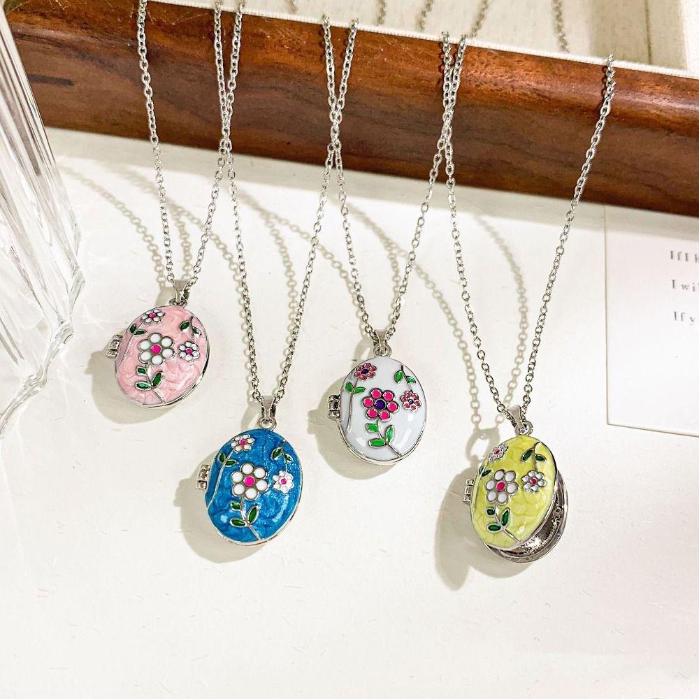 Titanium Steel Photo Locket Pendant Necklace Openable Glazed Flower Choker  Girl